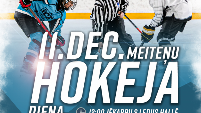 Afiša - teksts virs bildes ar hokejistiem uz laukuma