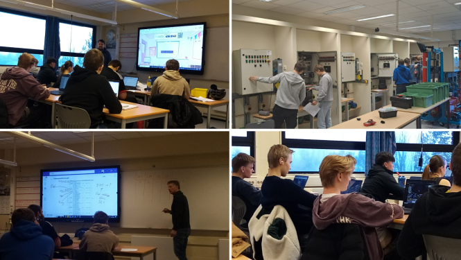 4 bilžu kolāža ar ainām no mācību stundas - skolēni sēž solos, tiek rādīta informācija uz interaktīvās tāfeles, mācību inventāra plaukti