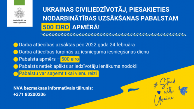 Plakāts ar informāciju par atbalstu ukraiņu bēgļiem uzsākot darbu Latvijā