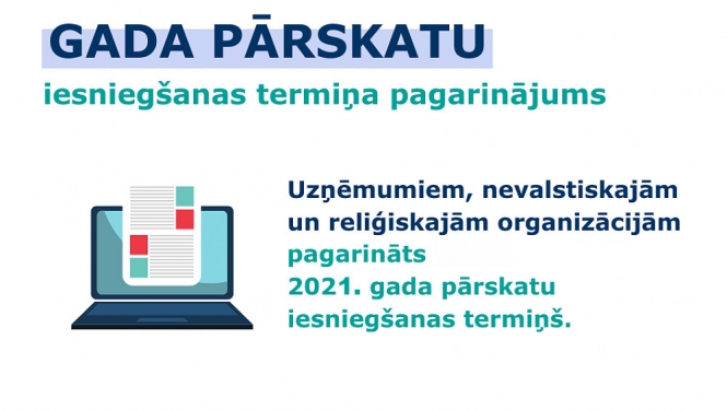 Informatīvs attēls ar tekstu par termiņa pagarinājumu un datora bildi kreisajā stūrī