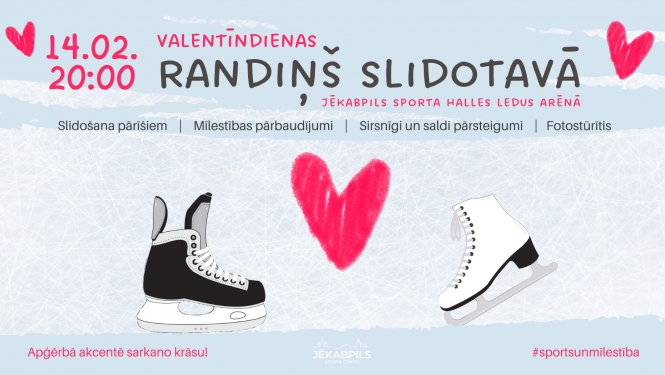 Pasākuma afiša - zīmētas slidas, sirsniņas un teksts