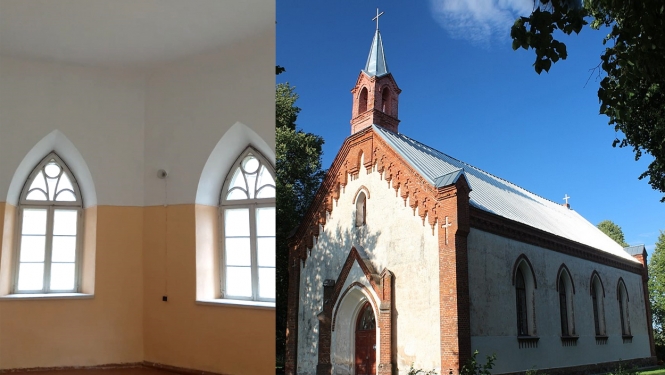 Attēlu kolāža - pa kreisi Dignājas baznīcas skaristeja un pa labi pati baznīca