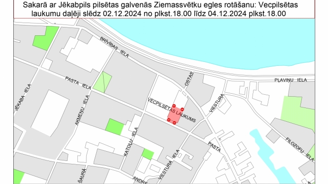 satiksmes ierobežojumu shēma Vecpilsētas laukumā periodā no 2.12.-4.12.2024.