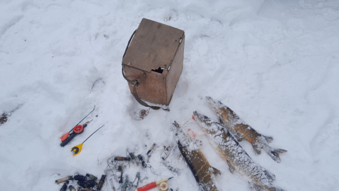 Uz sniega stāv zemledus makšķernieka aprīkojums un nelegāli noķertas zivis