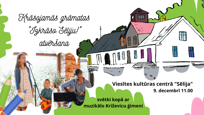 plakāts ar tekstu (laiks, vieta) un fona bildi - āžu miesta kontūrām, pa kreisi Križevicu ģimenes foto