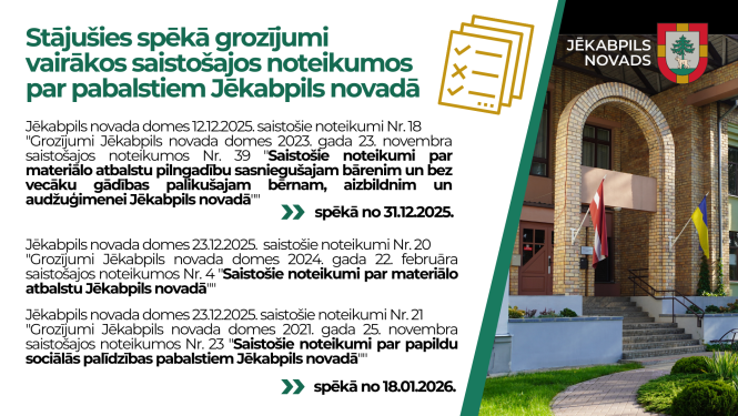 Informatīvs plakāts ar saistošo noteikumu nosaukumiem un grozījumi stāšanās spēkā datumiem
