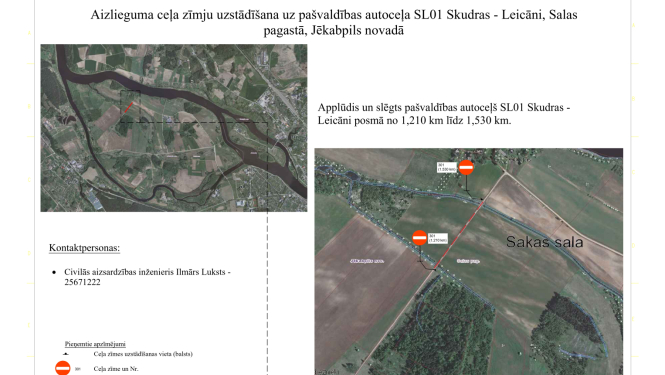 Karte ar iezīmētu posmu, kurš applūšanas dēļ ir slēgts