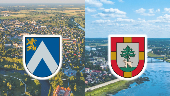 Bauskas novada ģerbonis un Jēkabpils novada ģerboņi uz drona uzņemtu pilsētainavu fona