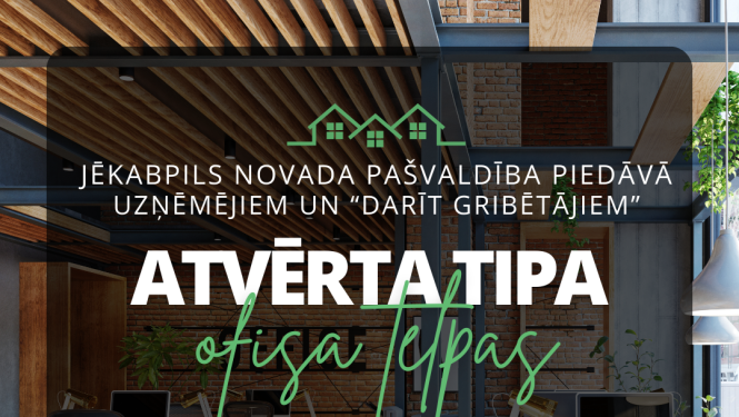 Plakāts ar informatīvu tekstu gaišā krāsā uz tumša fona ar biroja telpas attēlu vēl dziļāk fonā