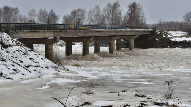 Sakas upe un tilts pār ledainu Sakas upi