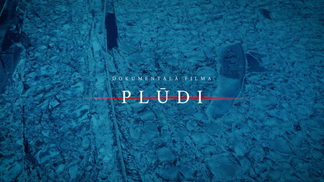 Gaišs uzraksts "Dokumentālā filma "Plūdi"" uz vižņu sastrēguma fona tumši zilā tonī