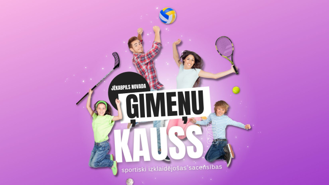 Ģimeņu kauss - personu kolāža ar dažādu sporta veidu atribūtiku rokās