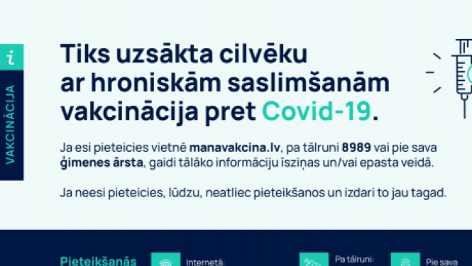 Vakcinācijai tiek atvērta jauna prioritārā grupa – iedzīvotāji ar hroniskajām saslimšanām
