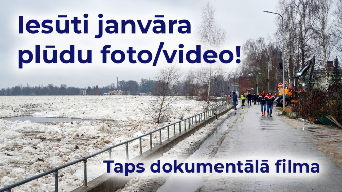 Jēkabpils dambis ziemā, ledus sanesumi, teksts zilganā krāsā pa virsu