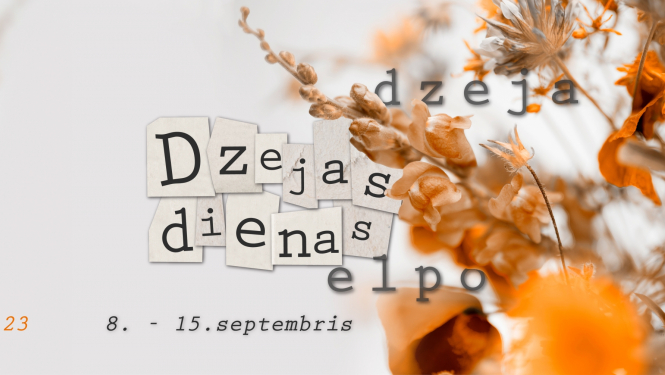 Dzejas dienu plakāts - teksts uz gaiša fona un rudenīgas nokrāsas