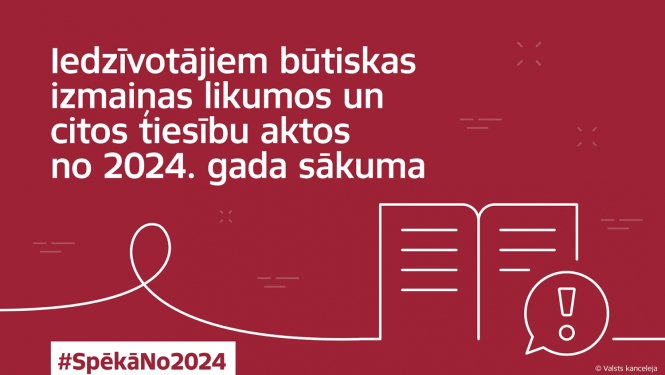 Virsraksts baltā tekstā uz sarkanīga fona, kontūra labām ar tekstu un izsaukuma zīmei, tēmturis Spēkā no 2024