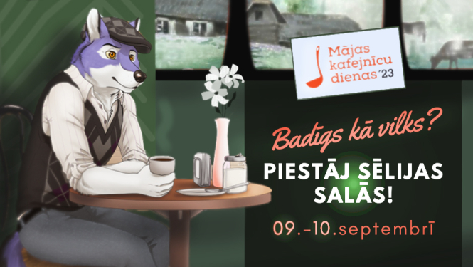 Plakāts - zīmēts vilks sēž kafejnīcā, teksts uz tumša fona