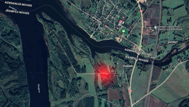 Karte ar Kalnsētas-Grīvas kapi ceļu, iezīmēta applūdusī vieta pie Lukstupītes