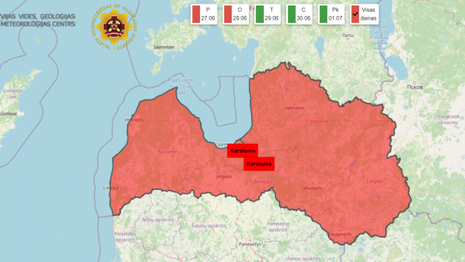 Latvijas karte ar iezīmētu karstuma zonu