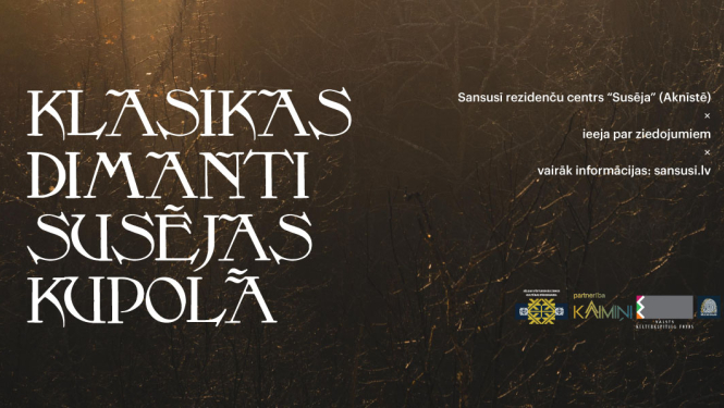 plakāts - teksts uz brūngani zeltaina fona, klāt logo