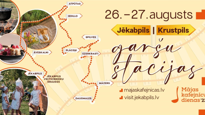 Mājas kafejnīcu dienu Jēkabpils novadā plakāts - stilizēta karte, ilustratīvas bildes, teksts uz gaiši dzeltena fona