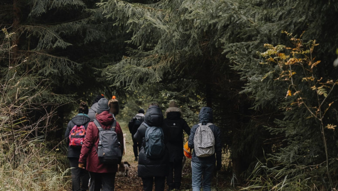 Cilvēki iet pārgājienā pa dabas taku