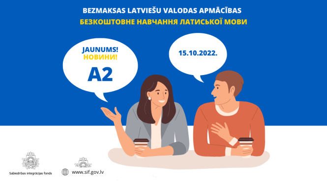 Apmācību plakāts - teksts uz zila fona un fona lejasdaļā zīmēti cilvēki runā