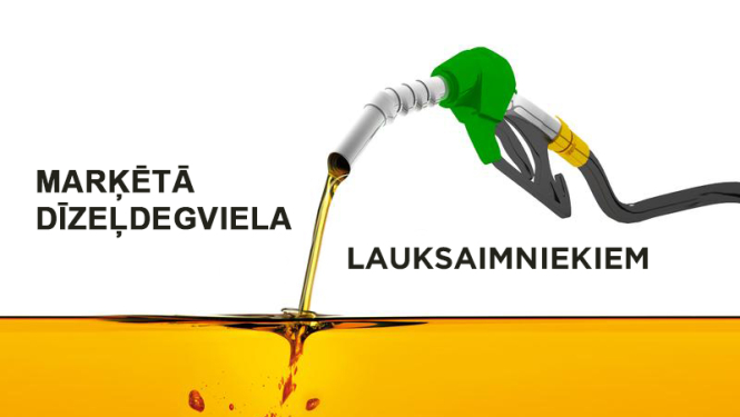 Degviela no uzpildes pistoles tek caurspīdīgā rezervuārā, pa virsu uzraksts marķētā dīzeļdegviela lauksaimniekiem