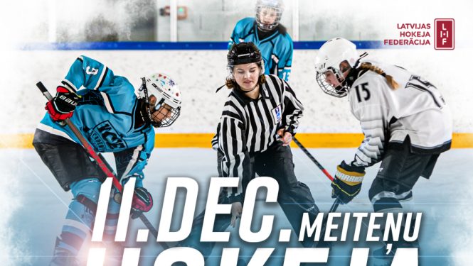 Afiša - teksts virs bildes ar hokejistiem uz laukuma