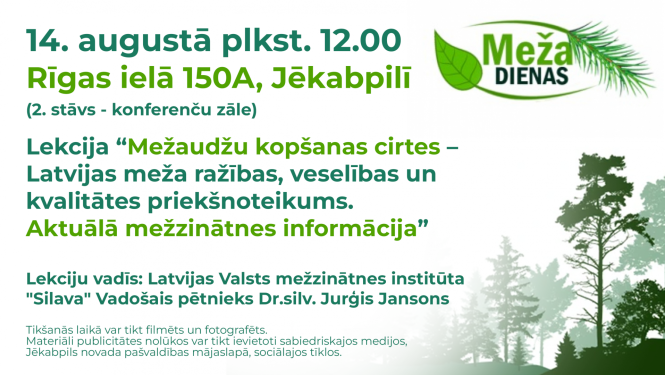 Teksts zaļā krāsā uz balta fona, meža dienu logo, meža siluets labajā apakšējā stūrī