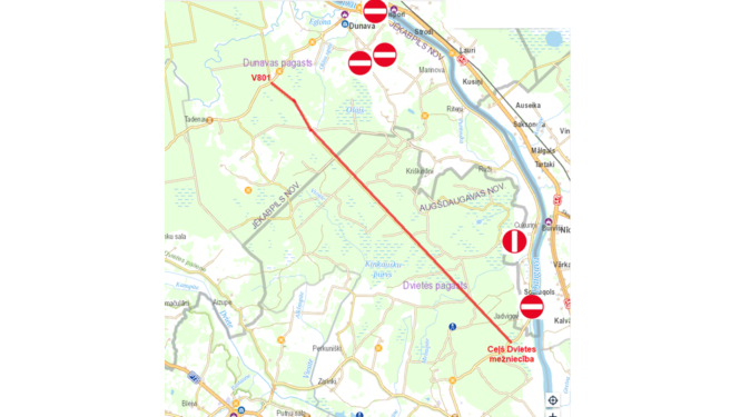 Slēgti vairāki autoceļi Dunavas, Dignājas un Ābeļu pagastu teritorijās
