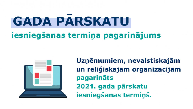 Informatīvs attēls ar tekstu par termiņa pagarinājumu un datora bildi kreisajā stūrī