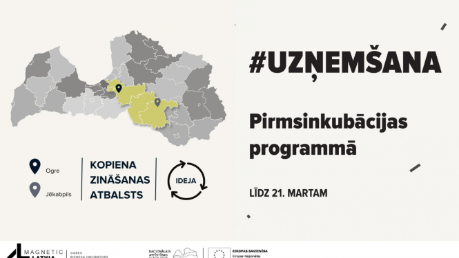 Uzņemšanas plakāts ar Latvijas karti un iezīmētiem novadiem