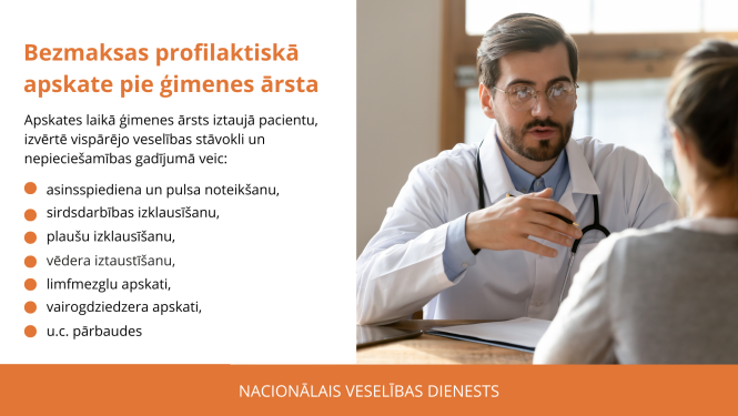 Informatīvs plakāts - teksts uz balta fona un pa labi bilde ar ģimenes ārstu