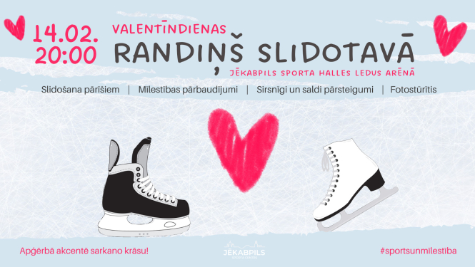 Pasākuma afiša - zīmētas slidas, sirsniņas un teksts