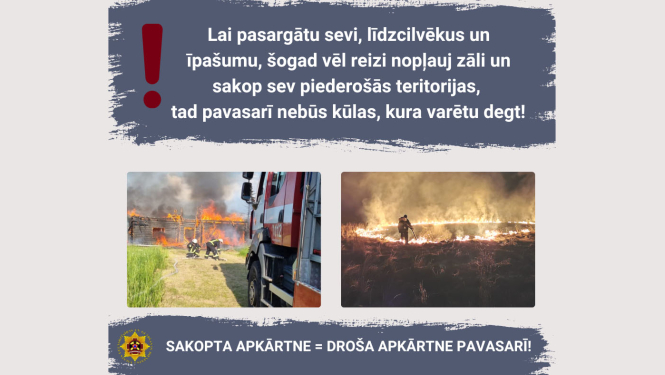 glābšanas dienesta informatīvs plakāts - divas bildes un īss tekts ar atgādinājumu nopļaut zāli, sakopt teritoriju