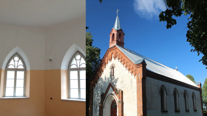 Attēlu kolāža - pa kreisi Dignājas baznīcas skaristeja un pa labi pati baznīca