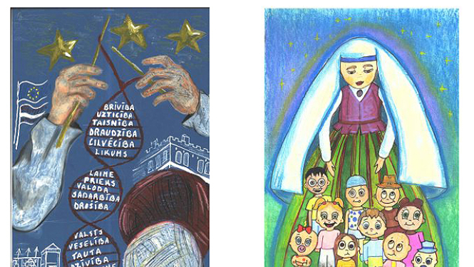 Attēlu kolāža ar abu meiteņu darbiem