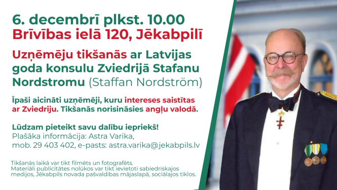 Uzaicinājuma teksts uz gaiša fona un Stafana portretfoto pa labi - vīrs gados ar brillēm, ūsām un bārdu