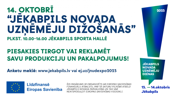 Informatīvs plakāts ar tekstu uz balta fona un uzņēmēju dienu logo, Eiropas savienības projekta logo