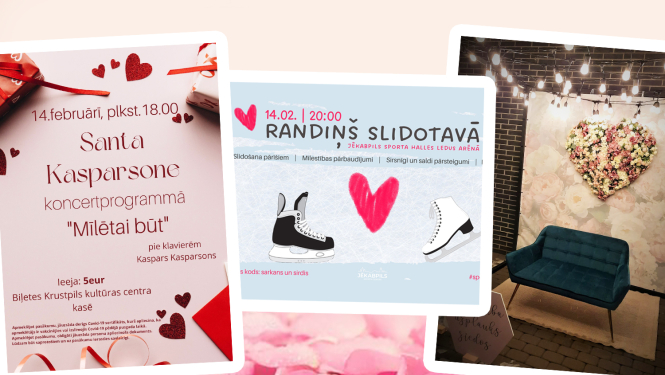 3 pasākumu afišu kolāža uz rožlapiņu fona