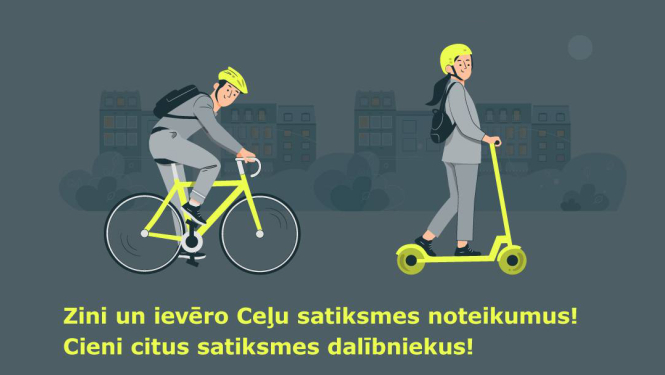 Zīmēts riteņbraucējs un elektro skrejriteņa lietotājs ar ķiverēm