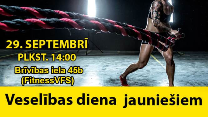 Veselības dienas afišas fragments - teksts uz fona, kur persona vingro ar auklām