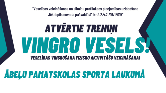 teksts atvērtie treniņi, vingro vesels iz tirkīza un baltas krāsas fona