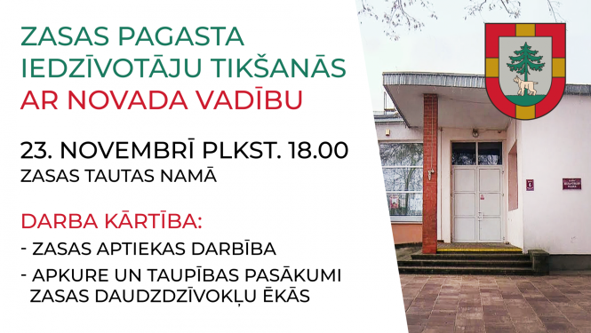 Plakāts ar tekstu uz balta fona un Zasas tautas nama bildi ziemā