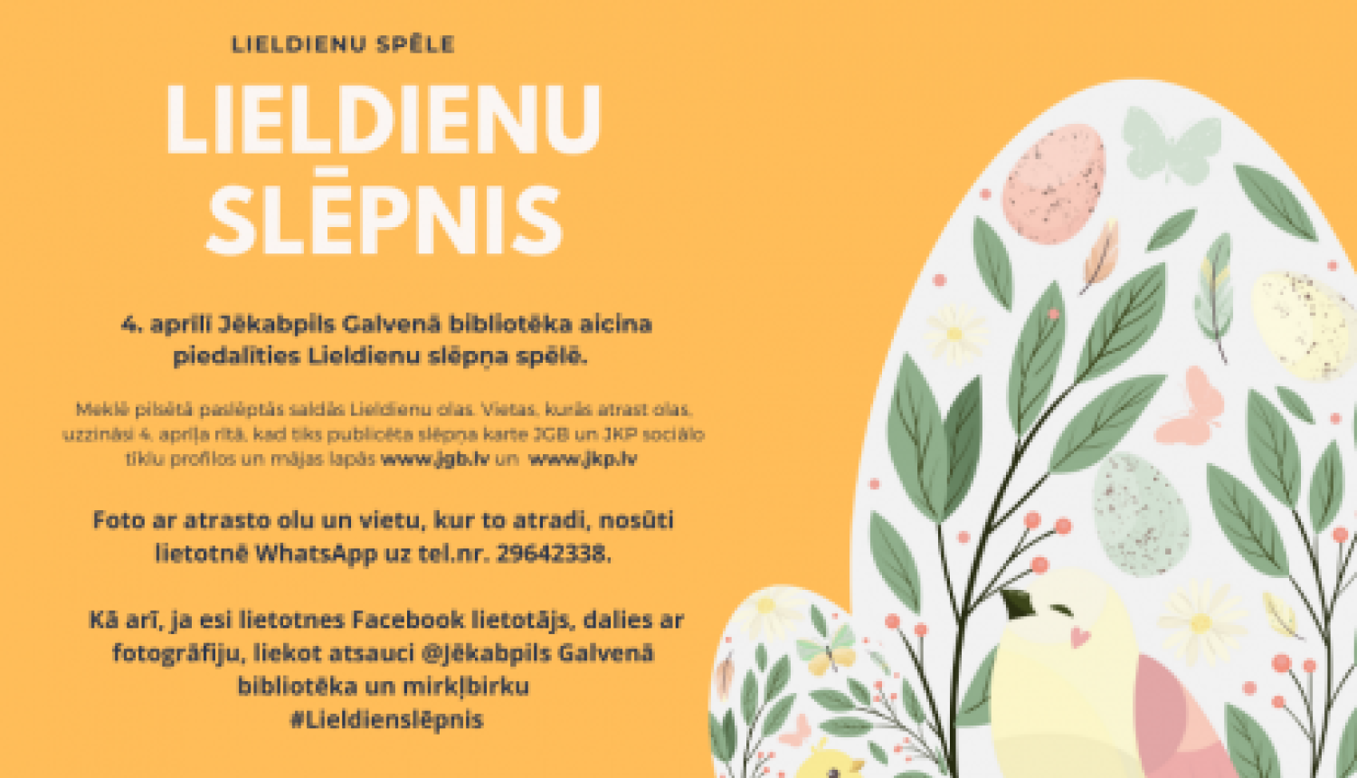 Jēkabpils Galvenā bibliotēka aicina piedalīties Lieldienu slēpņu spēlē