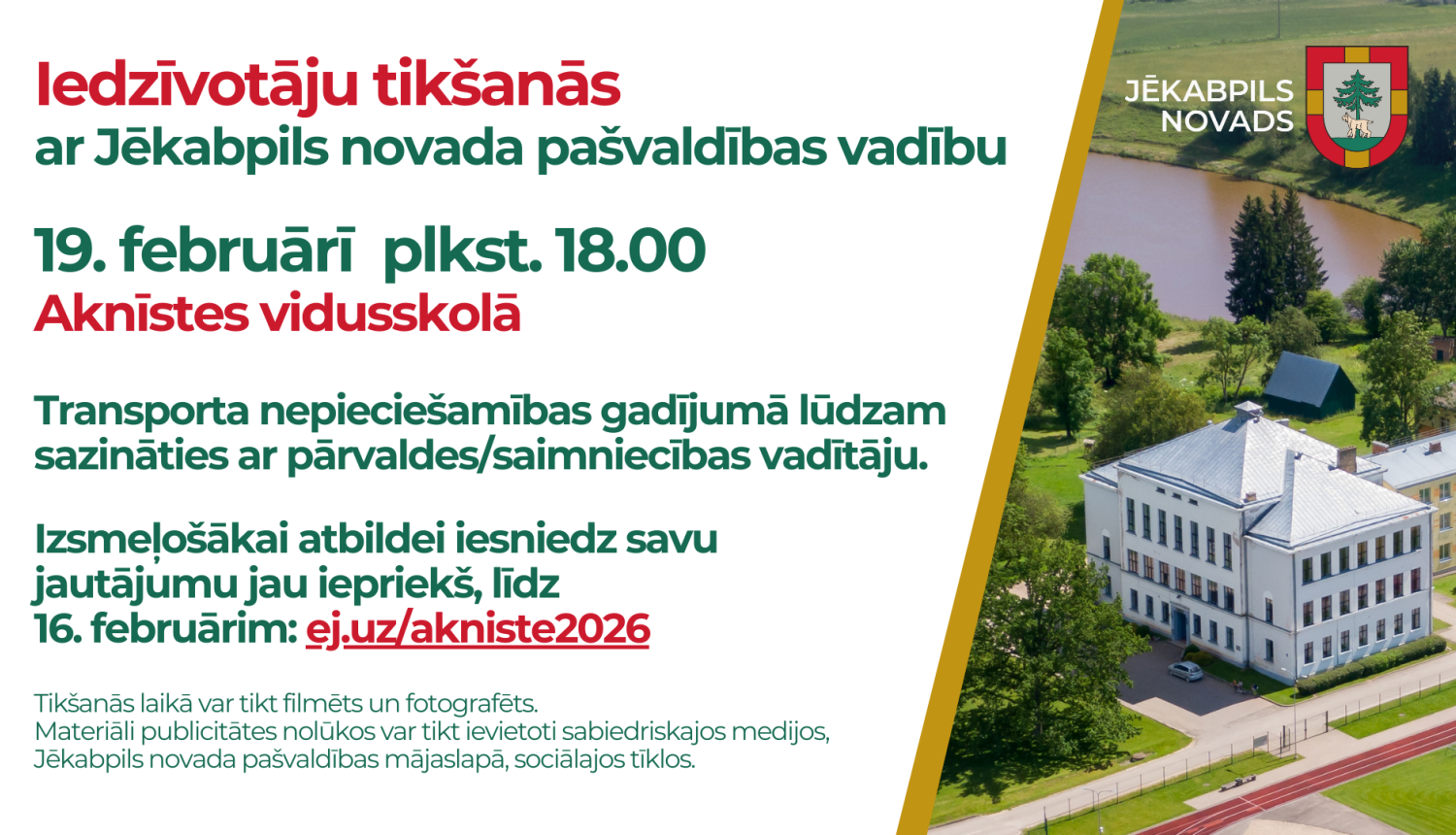 Afiša iedzīvotāju sanāksmei ar tekstu un skolas bildi