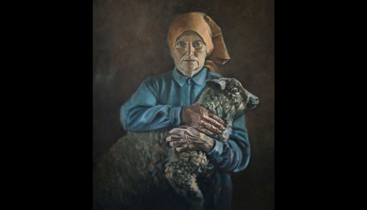 Glezna - sieviete tur rokās jēru