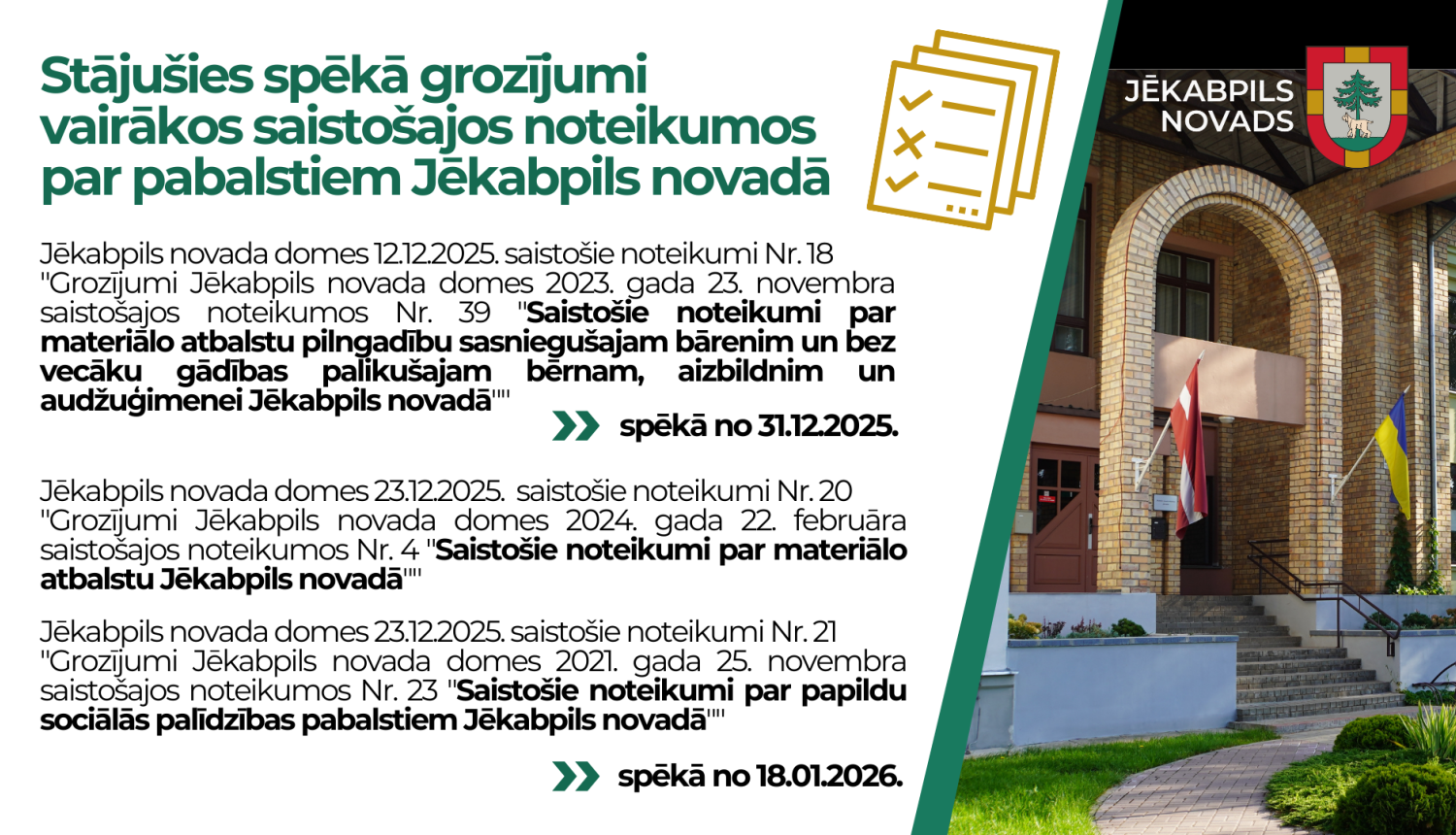 Informatīvs plakāts ar saistošo noteikumu nosaukumiem un grozījumi stāšanās spēkā datumiem