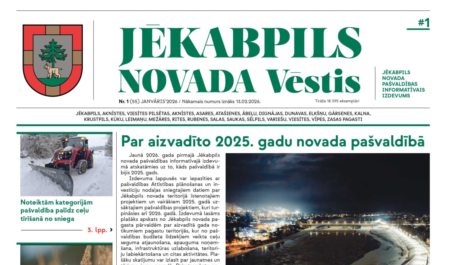 1. lapa informatīvajam izdevumam Jēkabpils Novada Vēstis